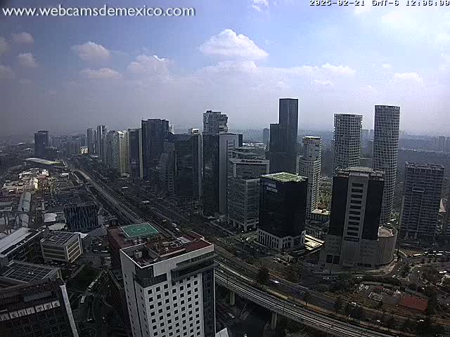 A partly cloudy day reveals a sprawling cityscape of numerous high-rise buildings and highways.