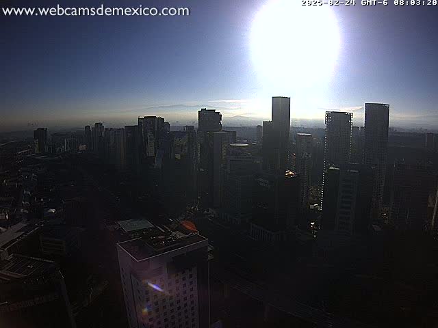 A hazy sunrise illuminates a cityscape of numerous dark skyscrapers under a bright, mostly clear sky.