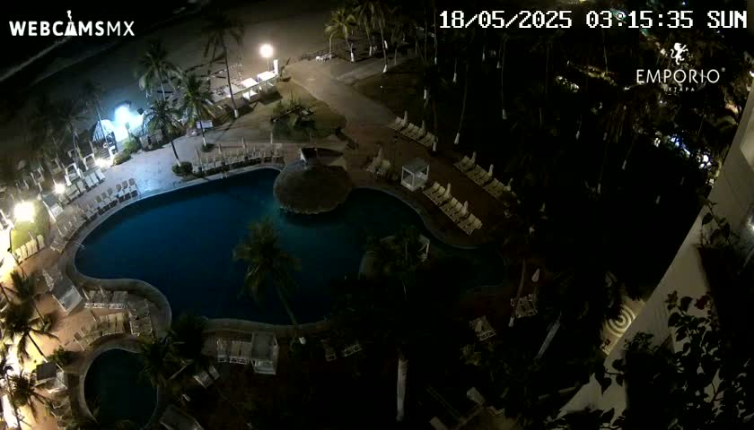 An illuminated swimming pool and surrounding lounge chairs at night, viewed from above, with palm trees and a beach visible in the distance.