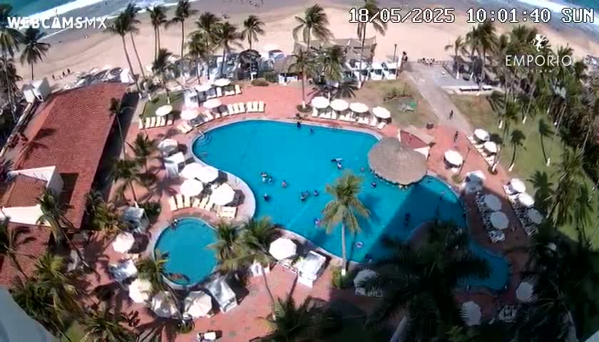 An aerial view shows a resort pool with people swimming, surrounded by palm trees, lounge chairs under umbrellas, and a beach with ocean waves visible in the background on a sunny day.