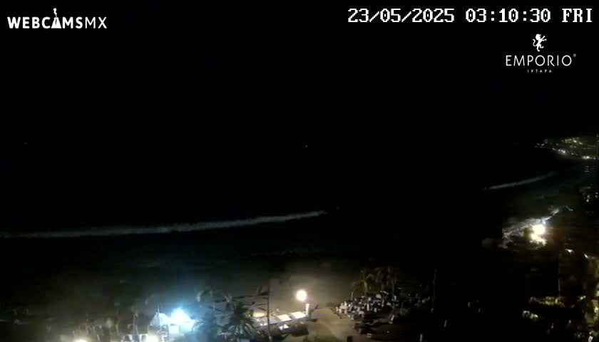 A nighttime, high-angle view shows a dark ocean with small waves gently lapping the shore, illuminated by artificial lights on the beach.