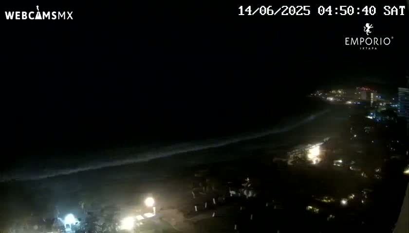 A nighttime, high-angle view shows a dark ocean with waves breaking on a shore, and dimly lit buildings and vegetation along the coast.