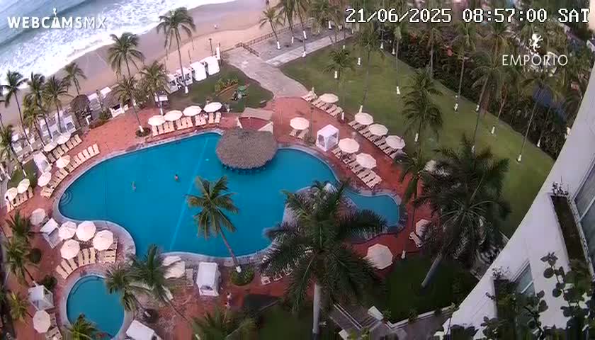 An aerial view shows a resort pool with surrounding lounge chairs and palm trees, adjacent to a beach and ocean under partly sunny skies.