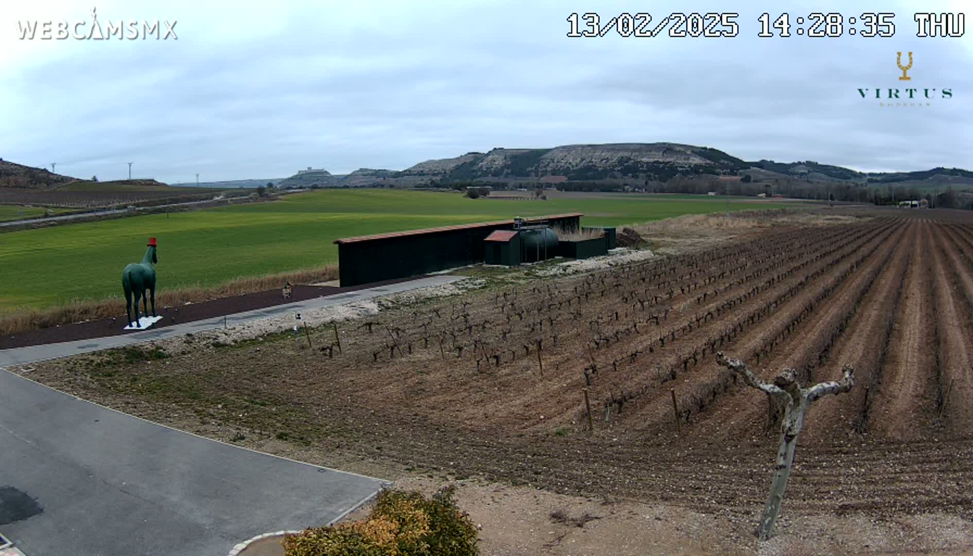 A green horse statue stands near a vineyard and a long, dark building under a cloudy sky.