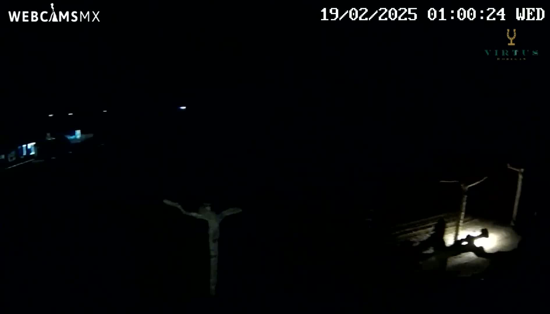 A nighttime, low-light outdoor scene shows a crucifix and indistinct figures near some trees and faint lights in the distance.