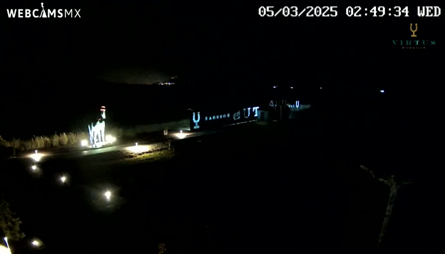 A nighttime outdoor scene shows a lit-up building with illuminated symbols projected onto it and a statue of a horse near a roadway with ground lights.