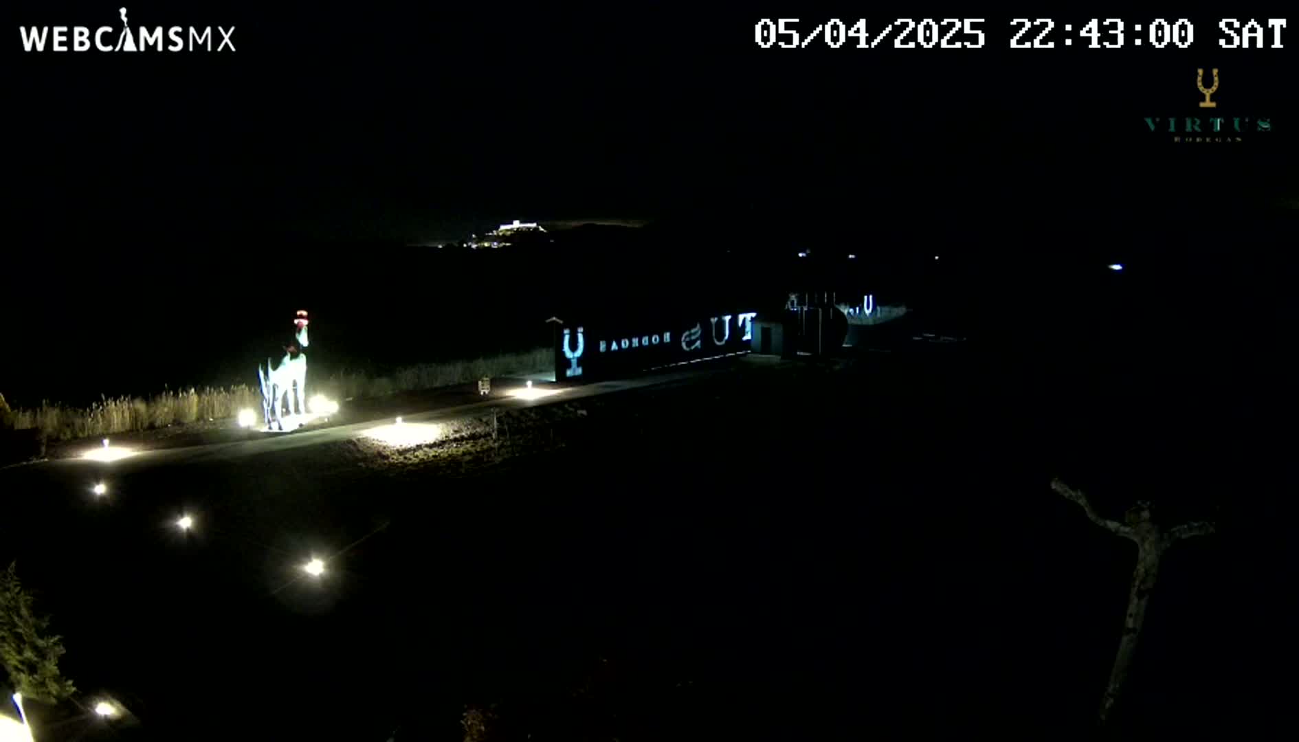 A nighttime, outdoor scene shows a statue of a horse illuminated by ground lights, with a building in the background displaying a projected logo.