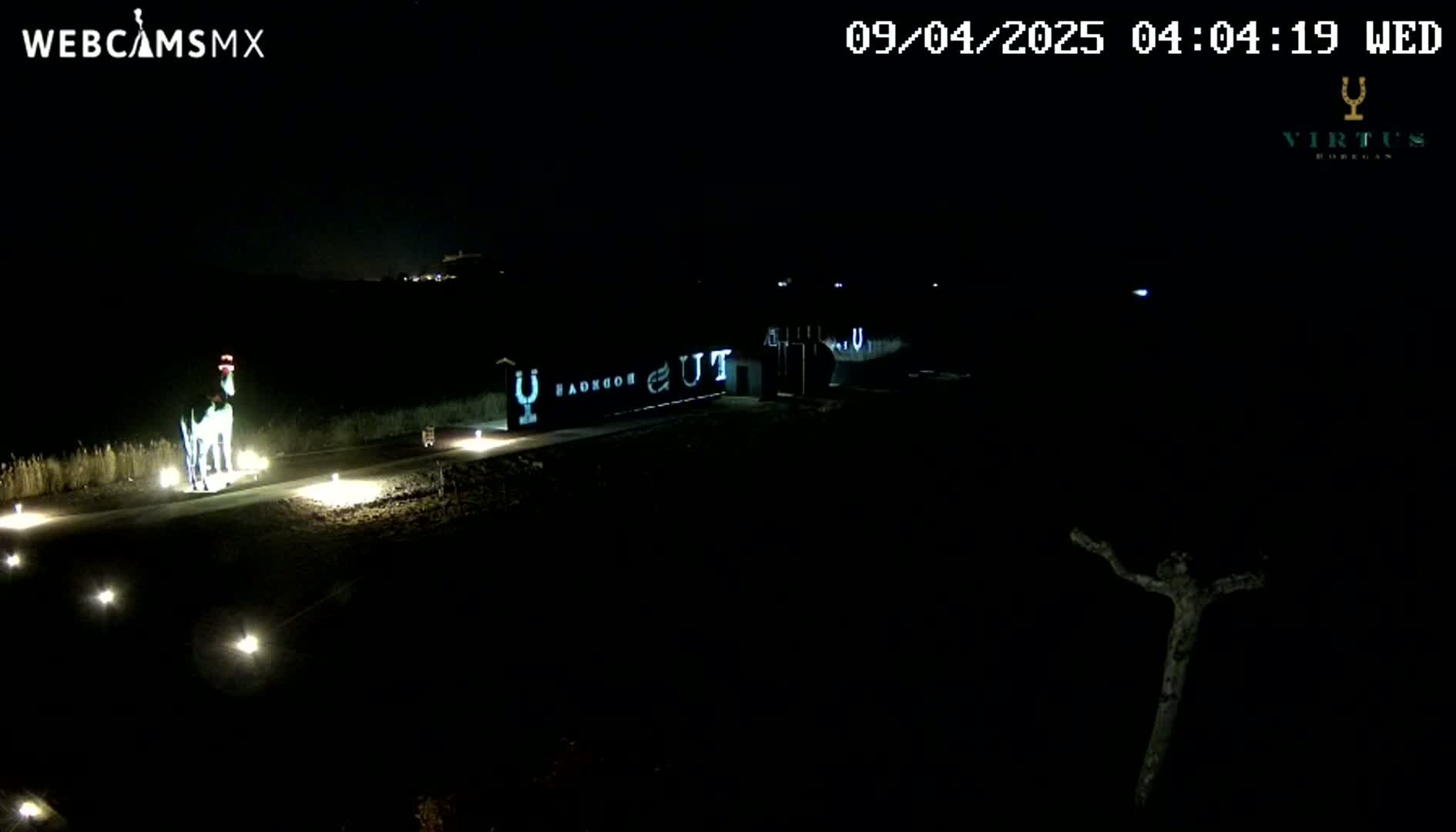 A nighttime outdoor scene shows a path lit by ground lights leading to a building with projected lettering, and a figure on horseback stands near the path.
