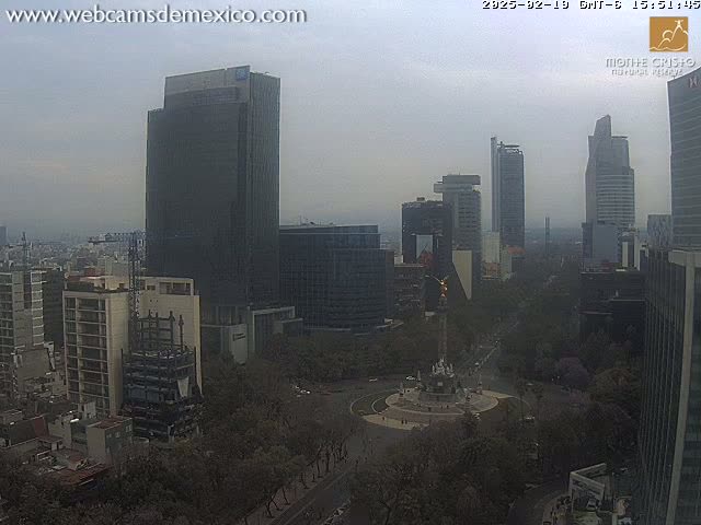 A hazy cityscape view shows numerous high-rise buildings and a circular plaza with a fountain, surrounded by trees.