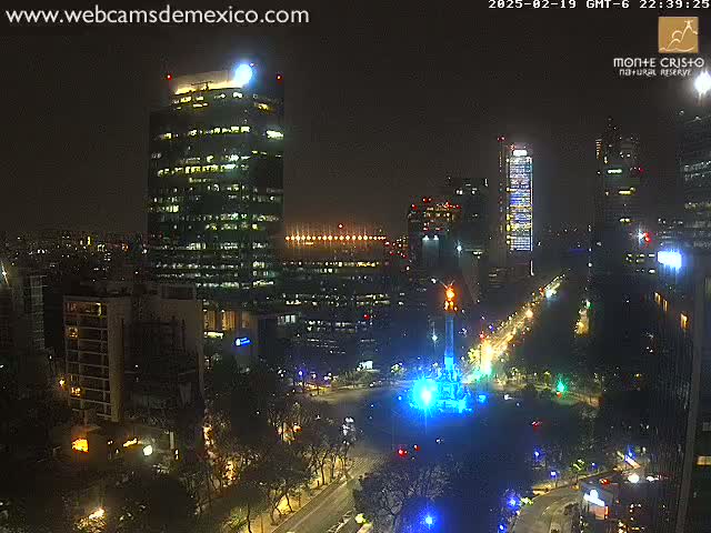 A nighttime cityscape illuminated with lights, showcasing numerous buildings and a monument in a central square under a clear sky.