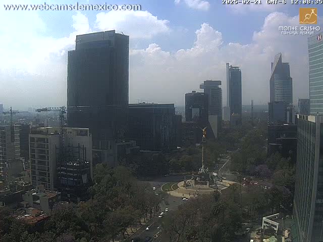 A high-angle, hazy view of a city skyline with several skyscrapers and a large monument in a circular plaza, under a partly cloudy sky.