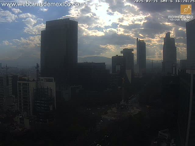 A city skyline at sunset under a partly cloudy sky, with several tall buildings silhouetted against the light.