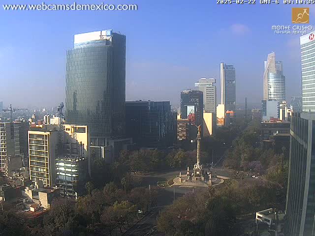 A cityscape with numerous skyscrapers and a central monument is visible under a clear, sunny sky.