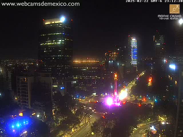 A nighttime aerial view of a city with brightly lit buildings and a monument at a busy intersection under a clear sky.