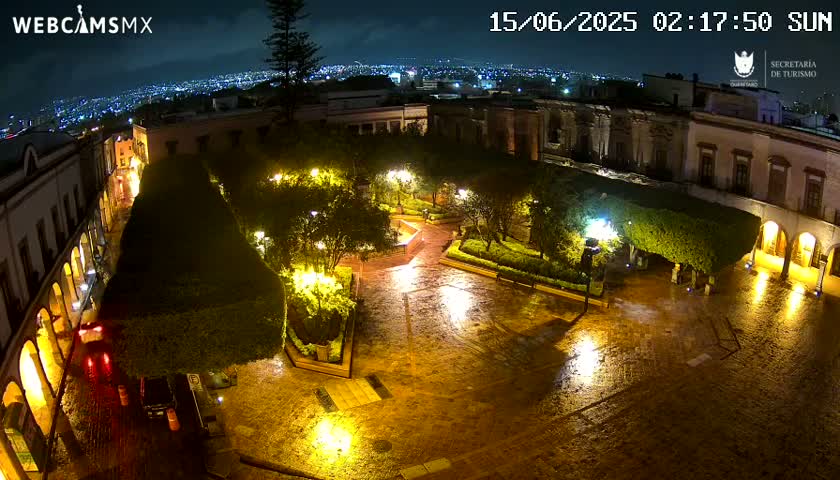 A rain-slicked plaza at night, illuminated by streetlights, is surrounded by buildings and lush greenery, with a city skyline visible in the distance.