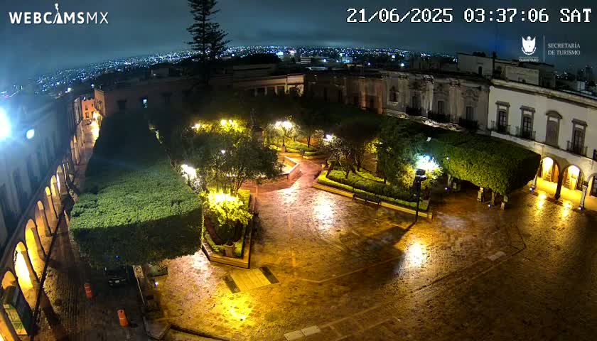 A nighttime view of a rain-slicked plaza surrounded by illuminated buildings and lush, trimmed hedges.