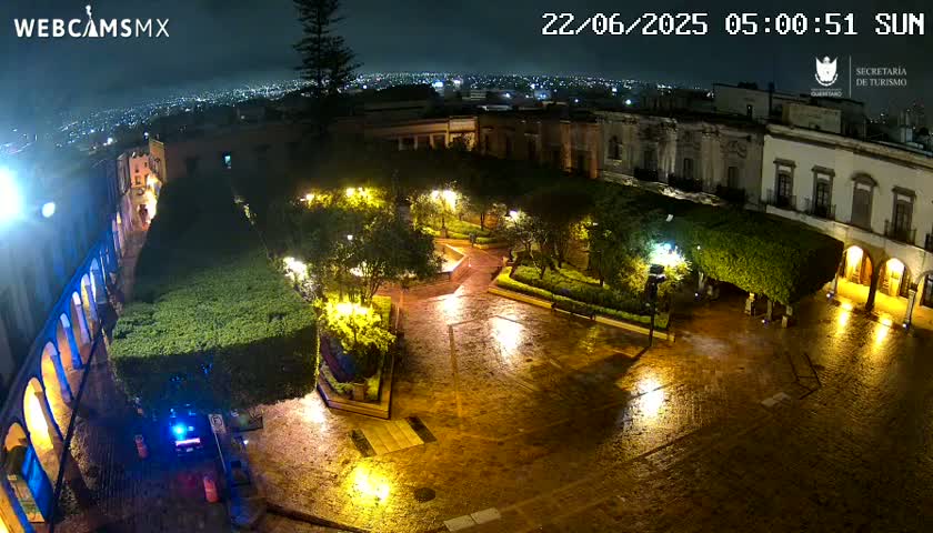 A nighttime view of a rain-slicked plaza surrounded by illuminated buildings and lush greenery, with a city skyline visible in the background.