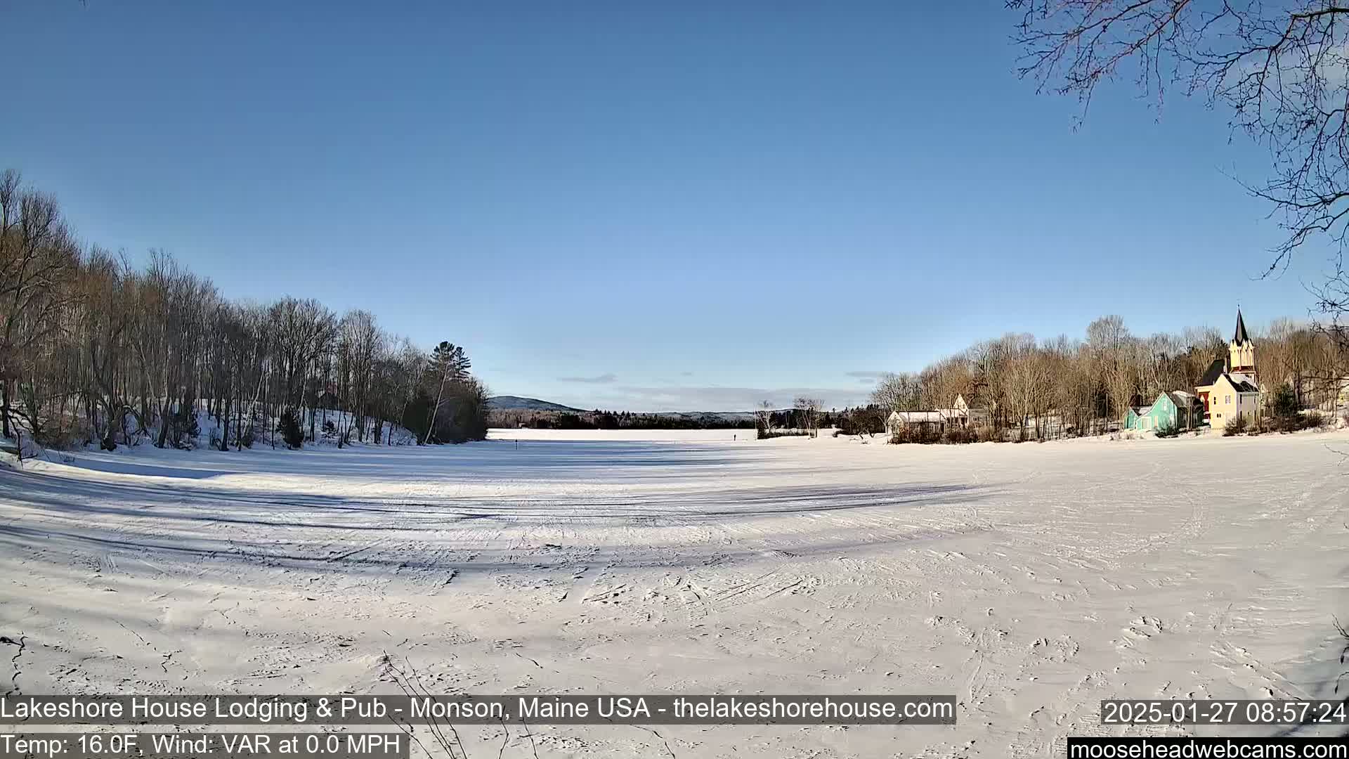 A frozen lake stretches out under a clear blue sky, with a small village and snow-covered trees lining the far shore.