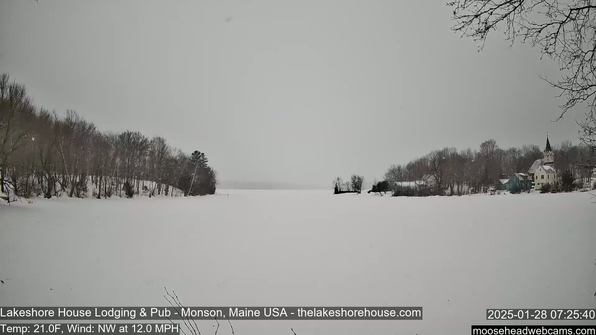 A snow-covered frozen lake is seen with a village and trees in the background under a gray, overcast sky.
