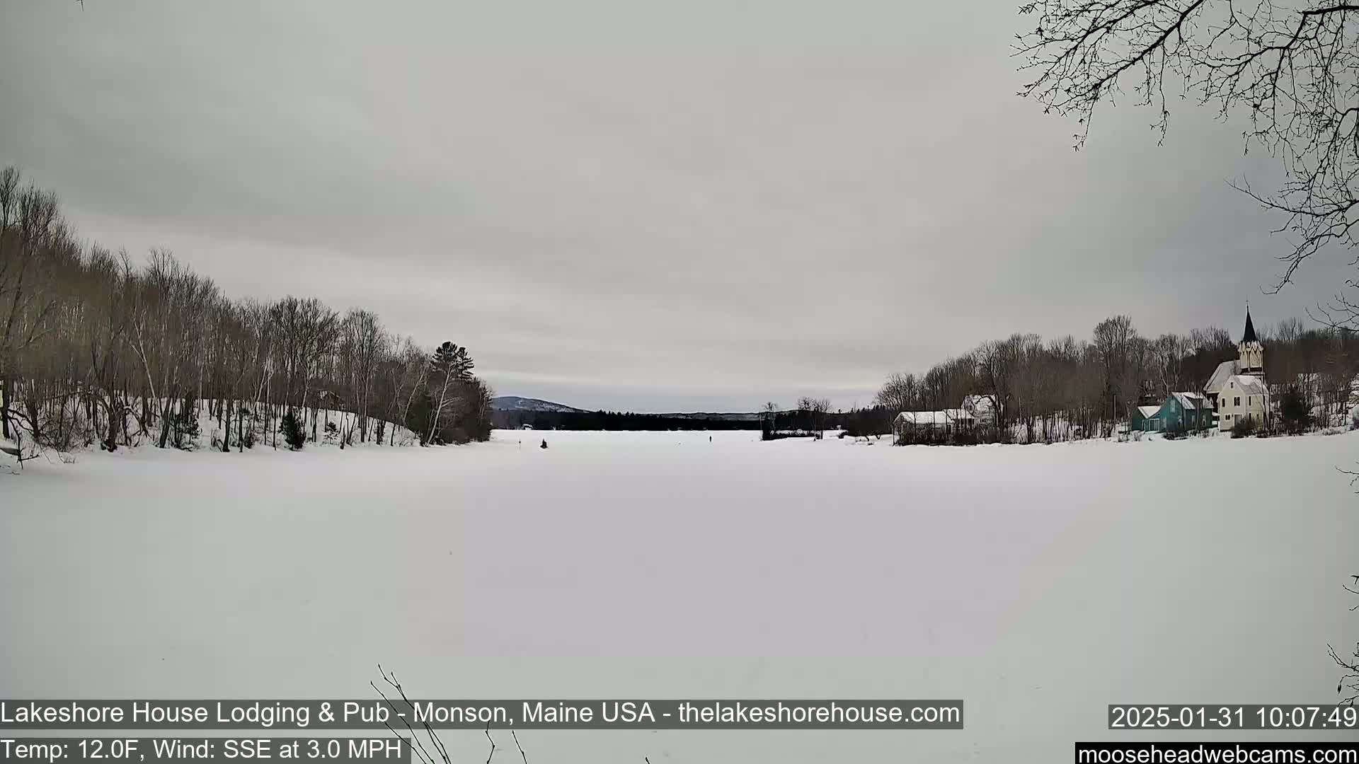 A snow-covered frozen lake stretches out before a line of trees and houses, under an overcast sky.