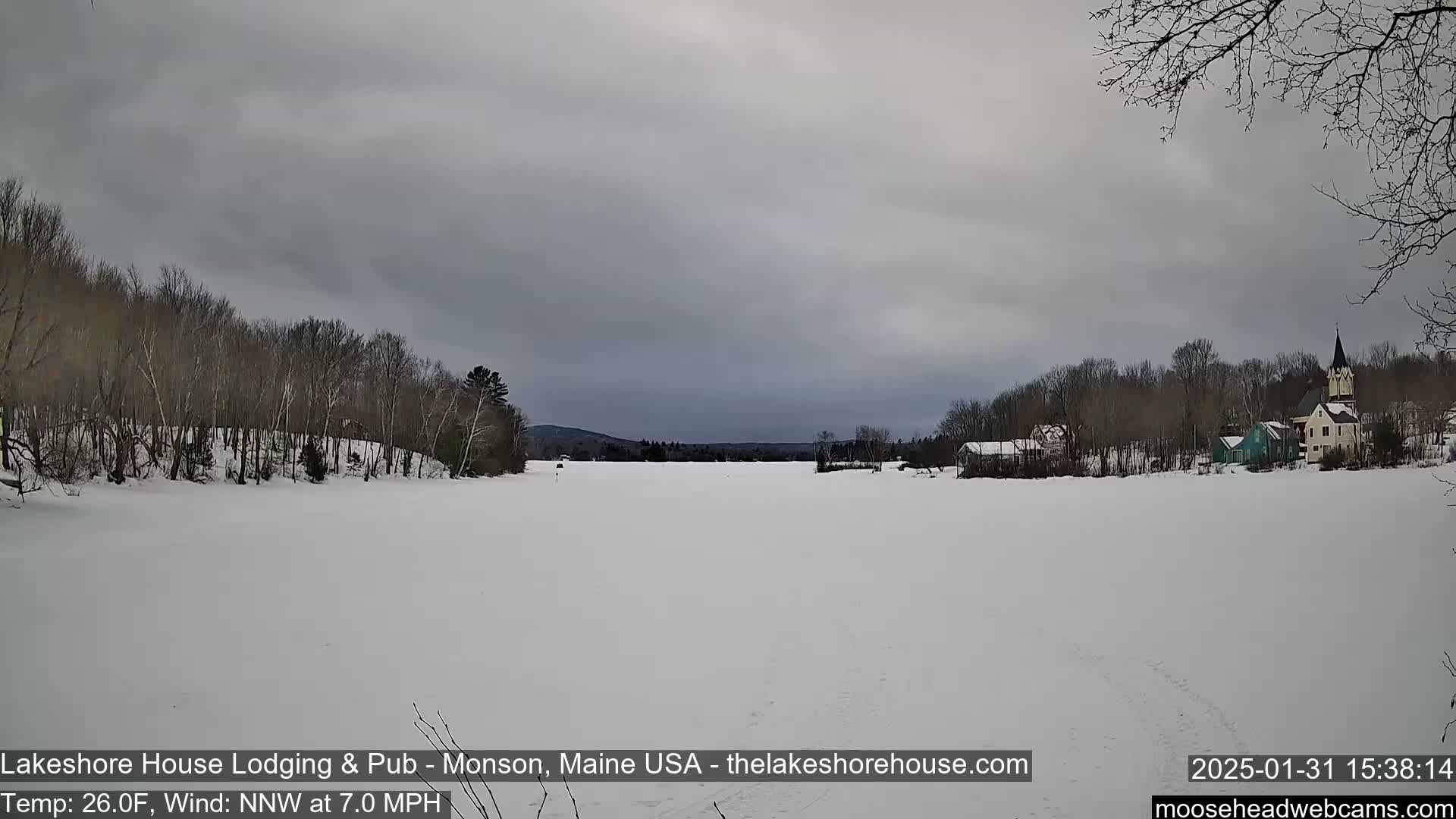 A frozen lake stretches out under a cloudy, gray sky, with snow-covered trees and buildings lining the far shore.
