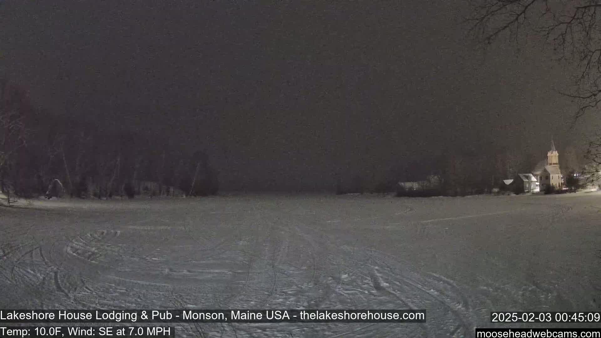 A snow-covered field at night, with a church and some trees in the distance under a dark, snowy sky.