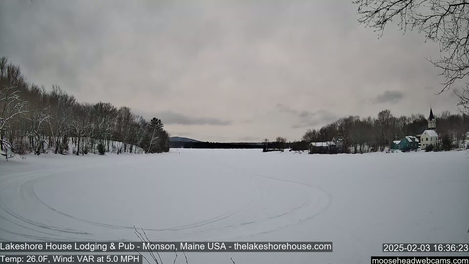 A snow-covered frozen lake stretches out to a village of houses and trees under a gray, overcast sky.