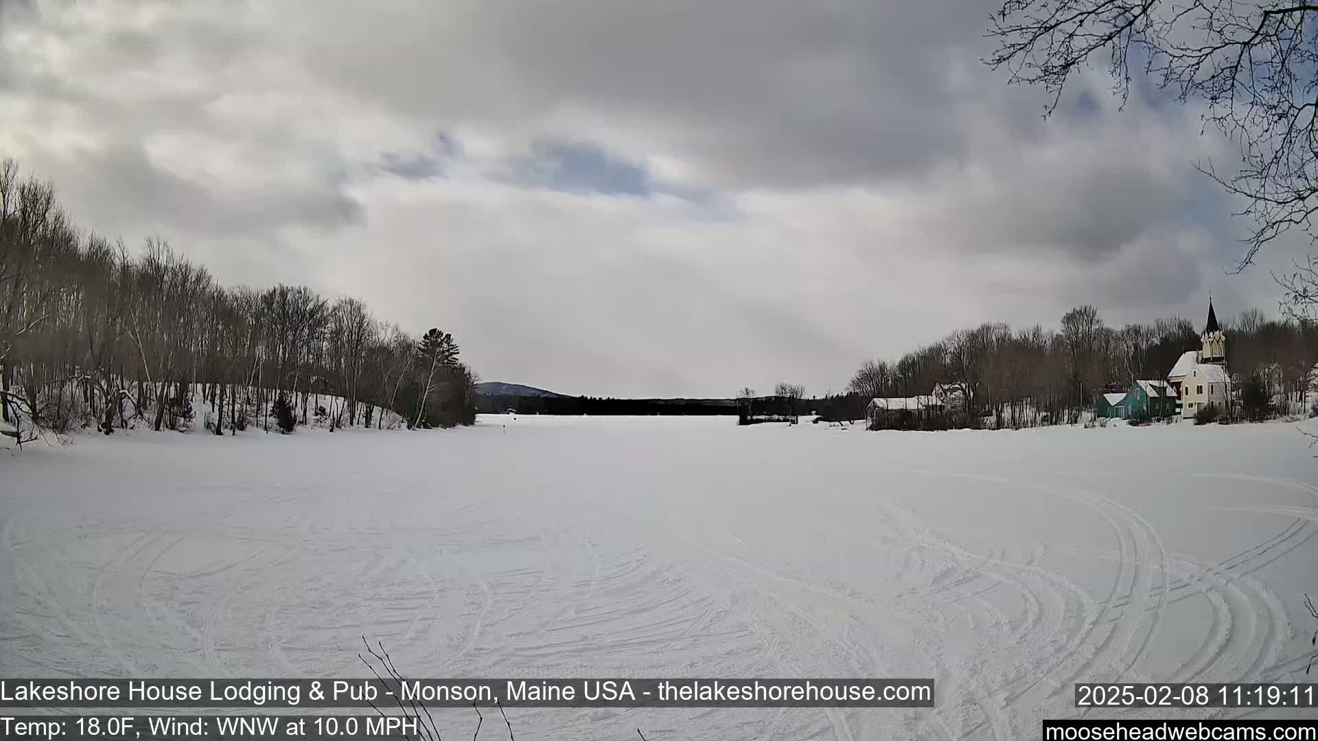 A frozen lake, under a cloudy sky, is surrounded by snow-covered trees and buildings.