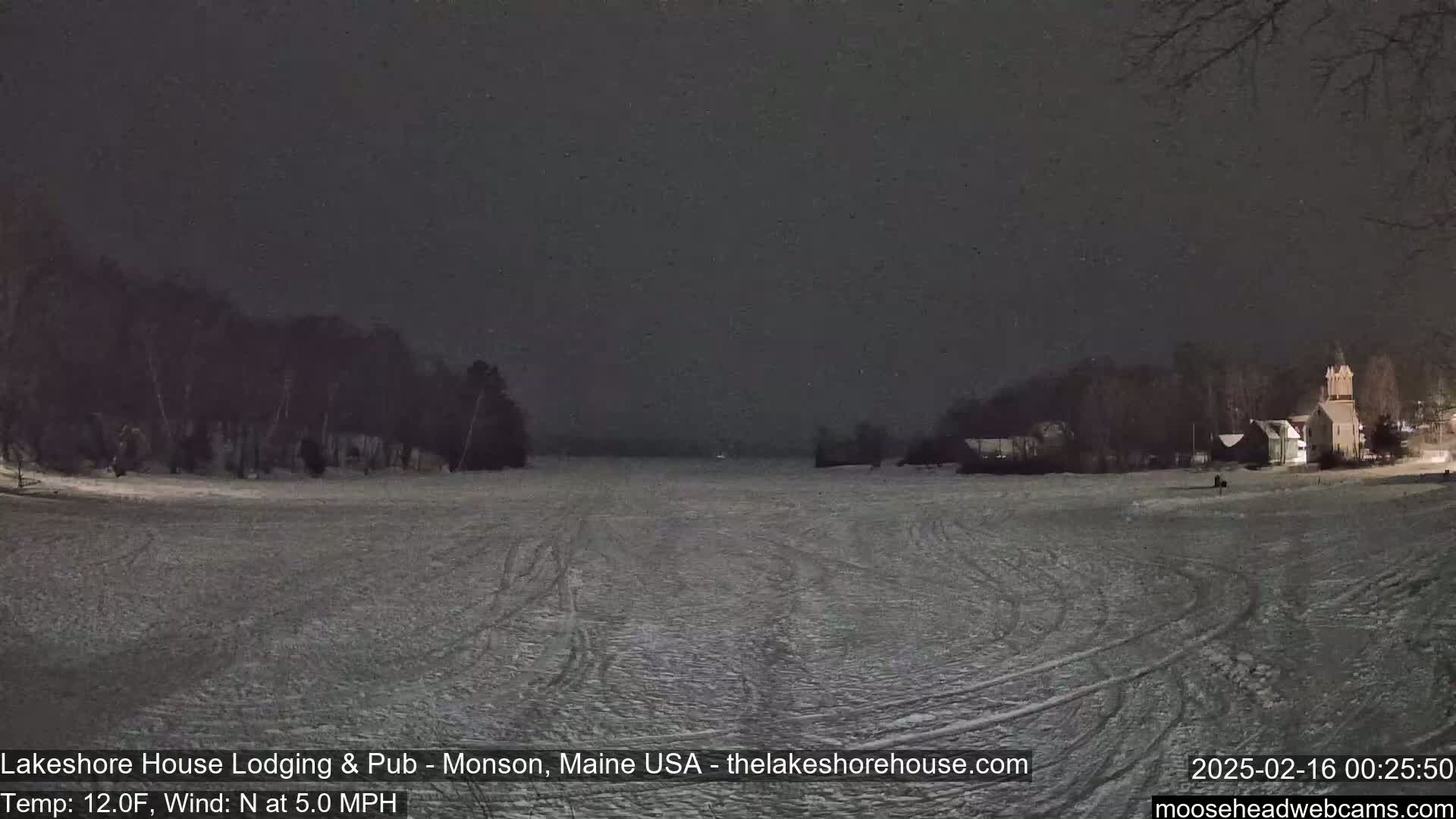 A snow-covered, dark expanse stretches towards a line of trees and buildings under a night sky with light snow falling.