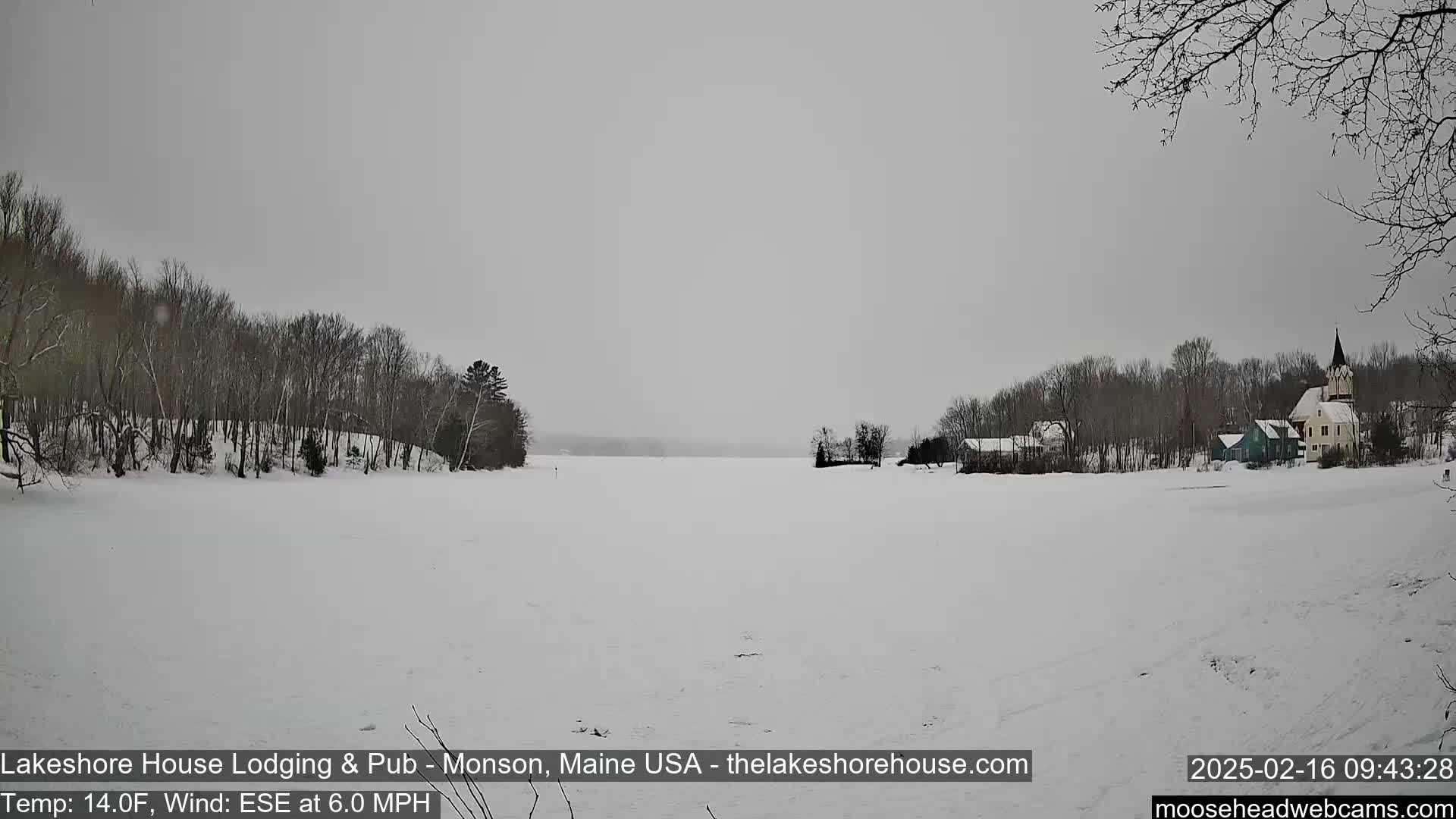 A snow-covered frozen lake stretches between bare, snow-dusted trees and a small village with a church steeple under an overcast sky.