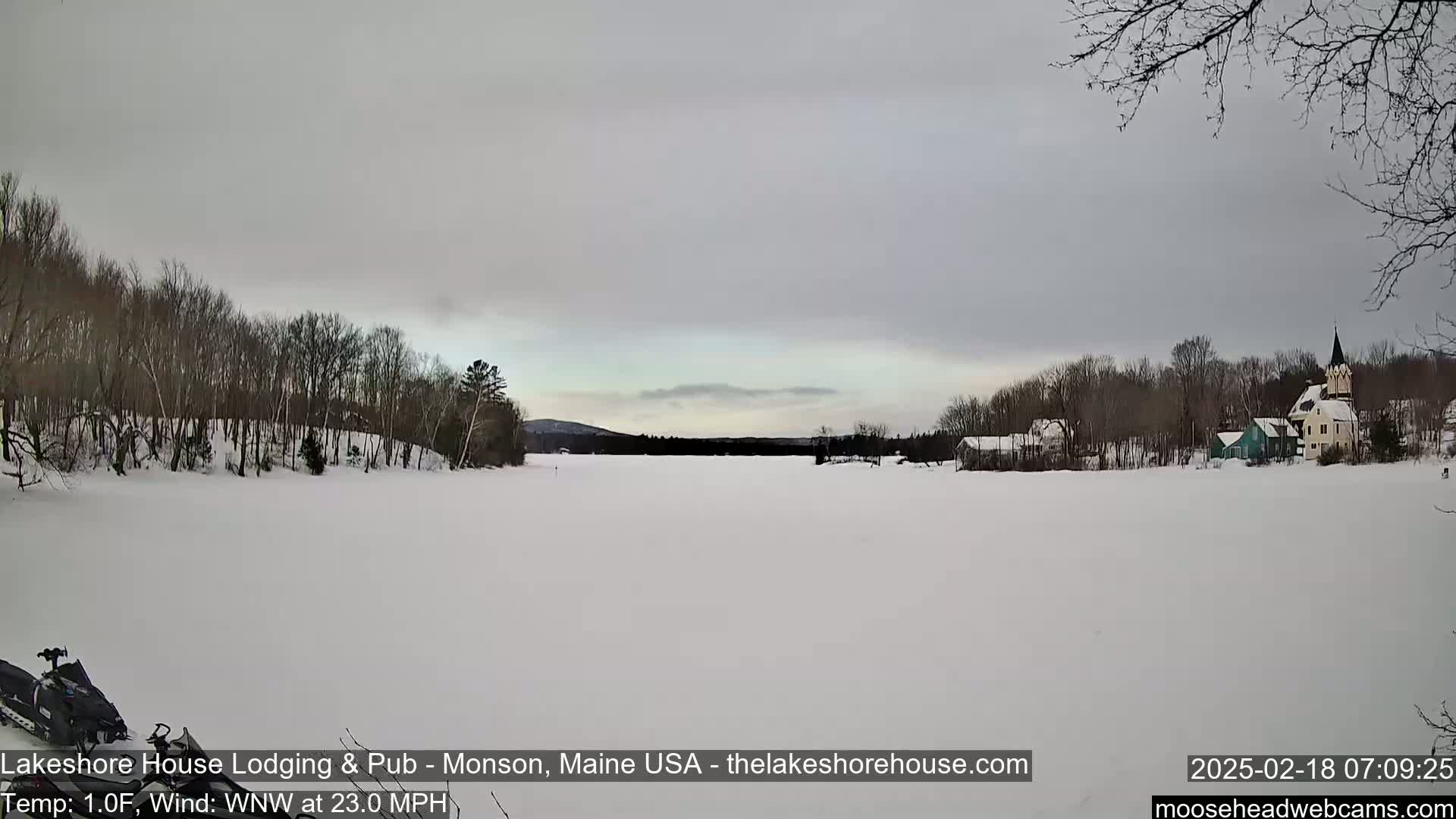 A snow-covered frozen lake is seen, with bare trees lining the shores and buildings in the distance under an overcast sky.