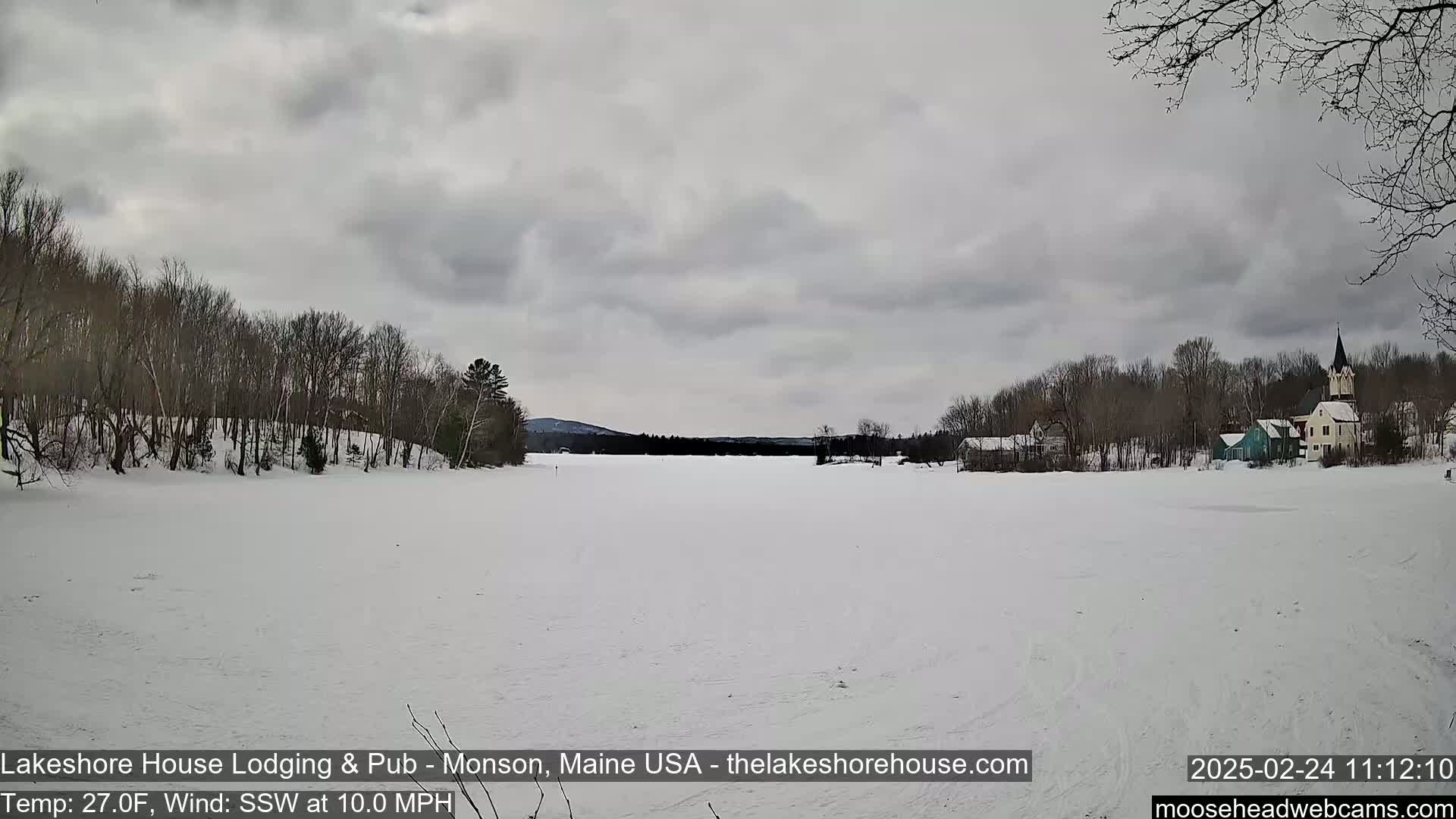 A snow-covered frozen lake stretches to a distant shoreline lined with bare trees and a small town under a cloudy sky.