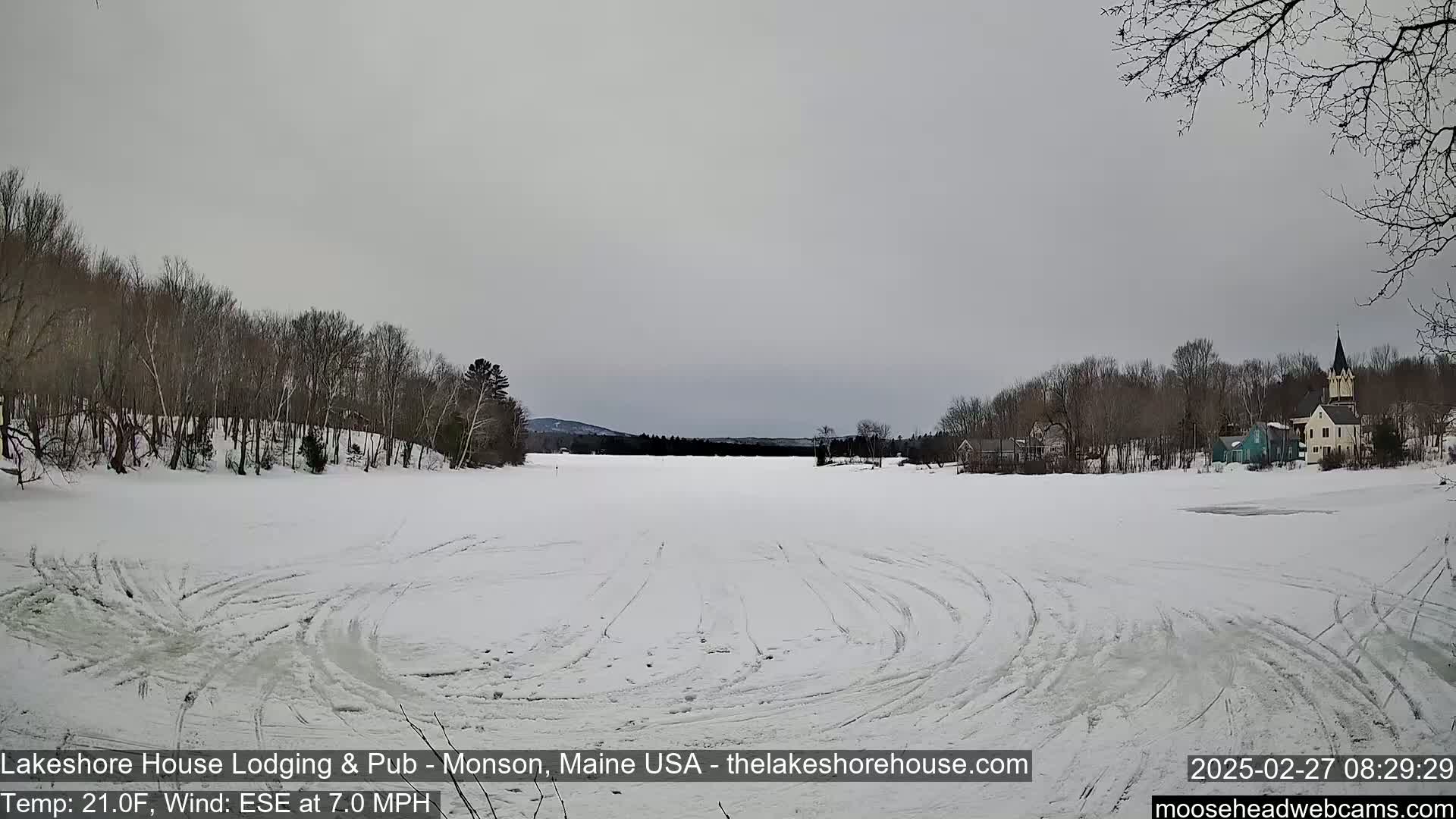 A frozen lake with tire tracks, surrounded by snow-covered trees and a small town in the background under an overcast sky.