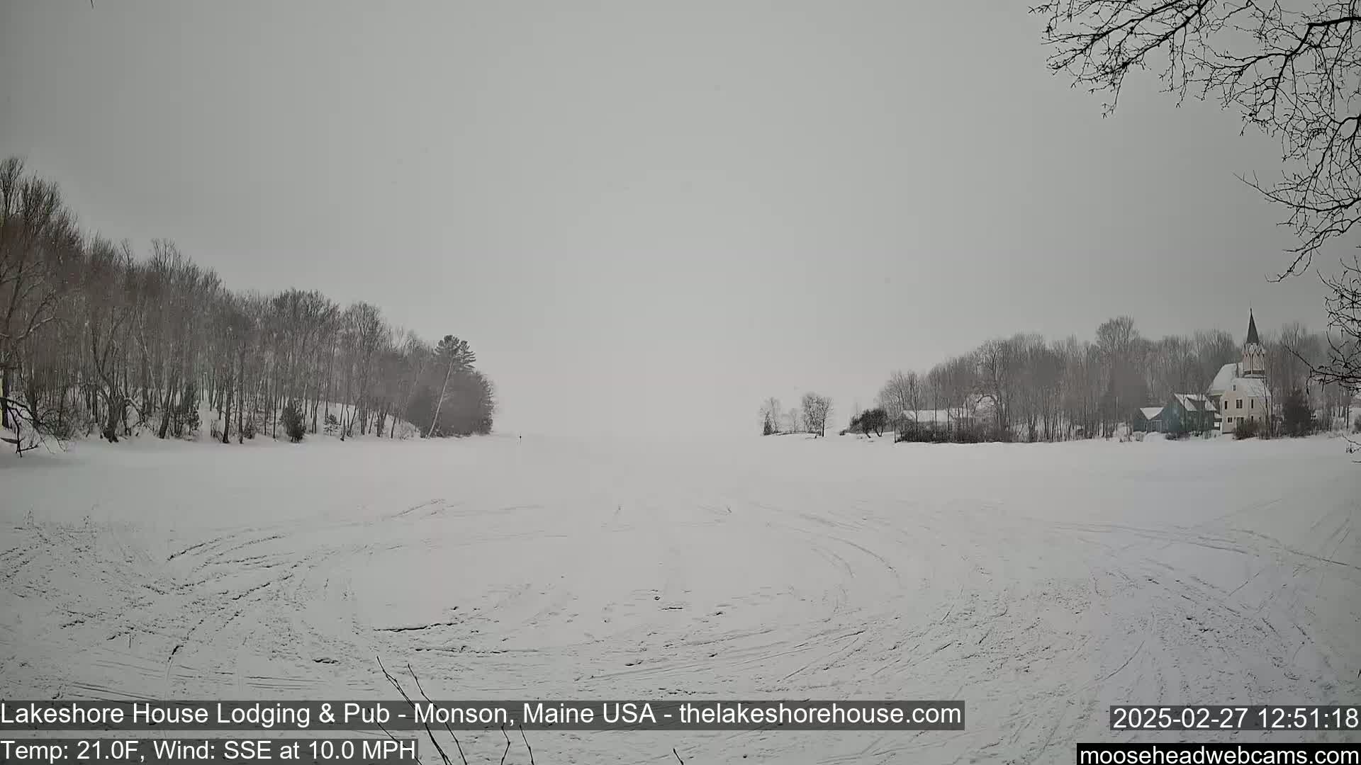 A snow-covered frozen lake stretches out before a line of snow-dusted trees and buildings under an overcast sky.