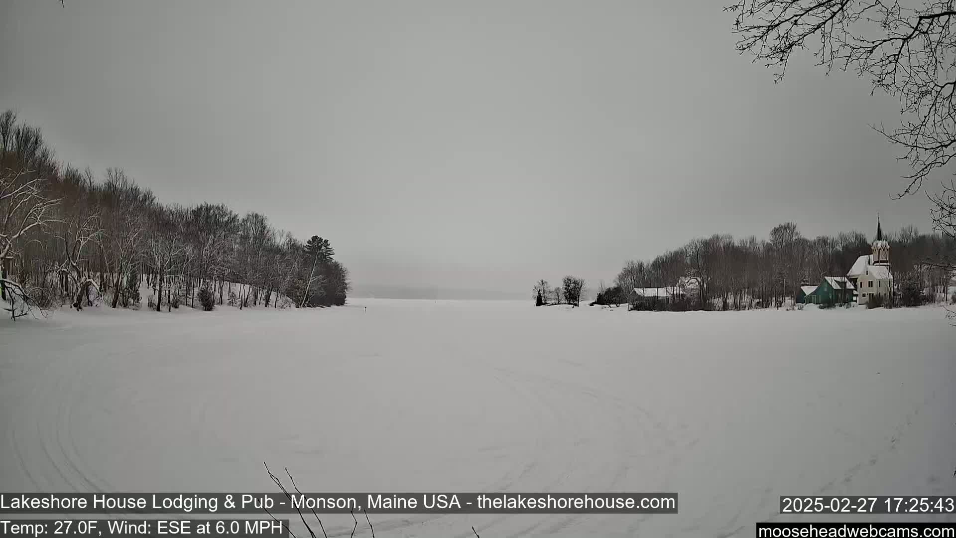 A snow-covered frozen lake stretches out before a line of snow-dusted trees and a few buildings, under a gray, overcast sky.