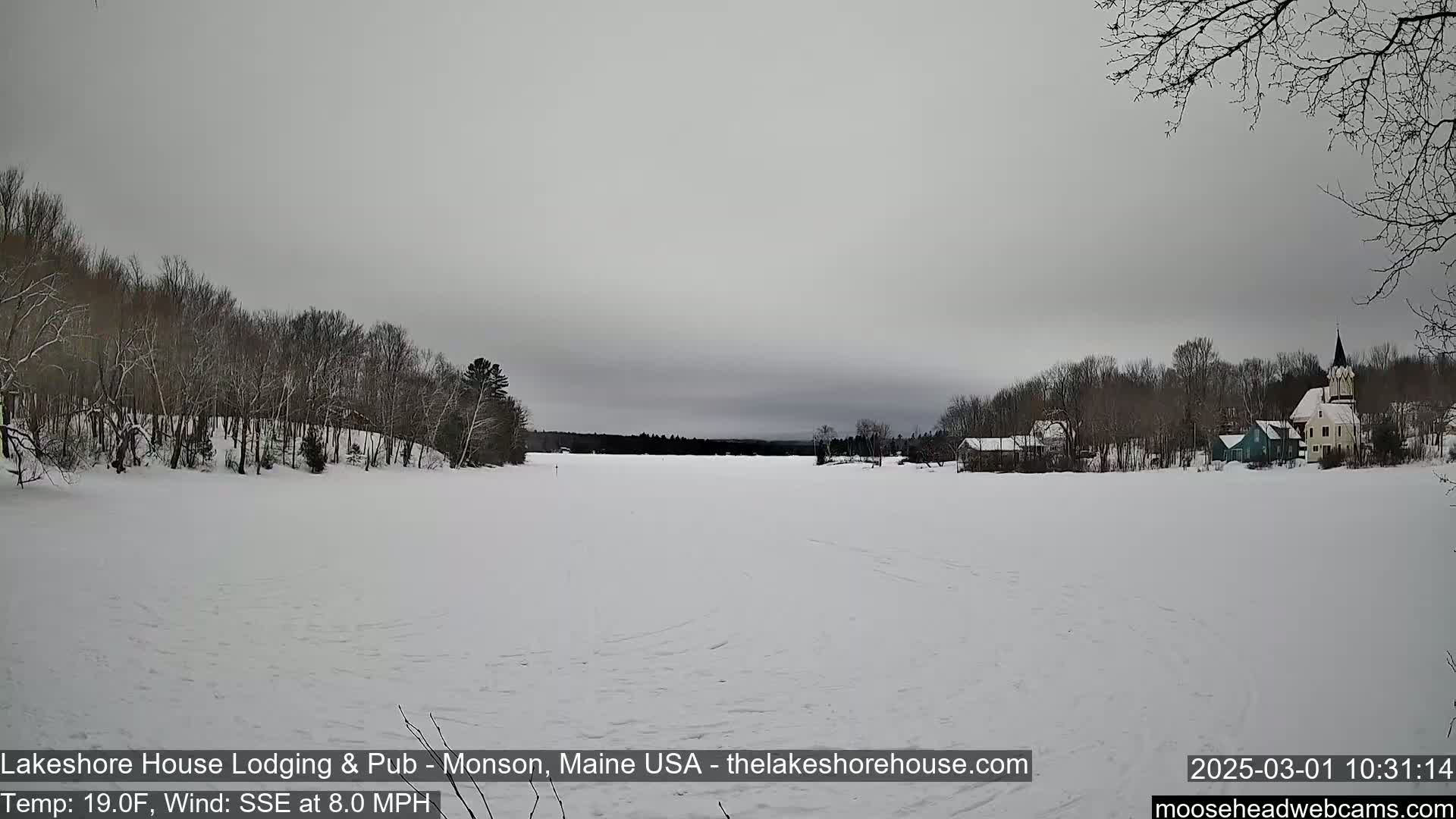 A snow-covered frozen lake stretches out to a small village with buildings and trees under a cloudy, gray sky.