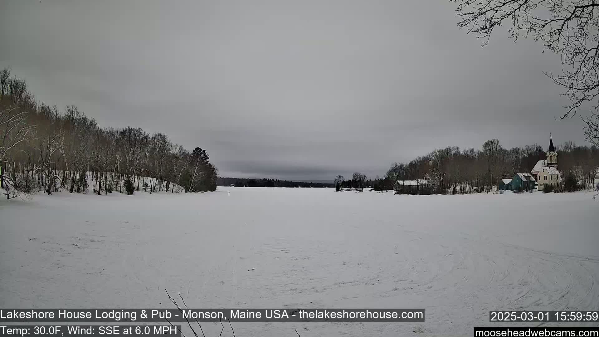 A snow-covered frozen lake stretches out before a line of buildings and trees under an overcast sky.