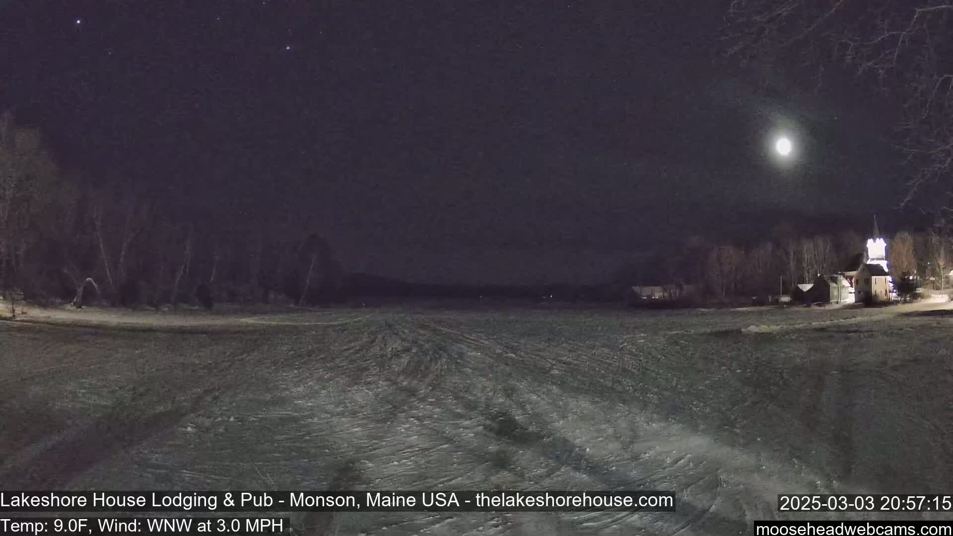A moonlit, snowy field at night with a building in the distance under a clear sky.