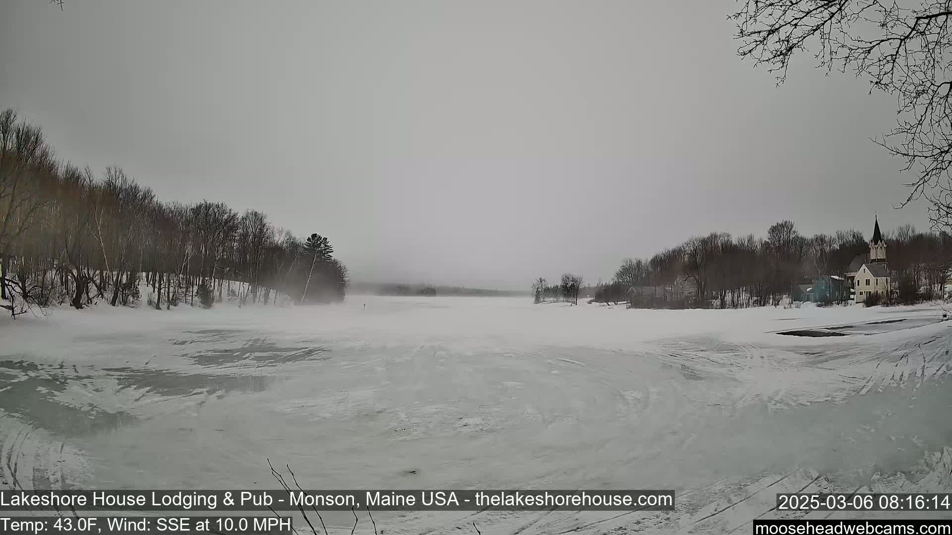 A mostly frozen lake is visible, with bare trees lining the shores and a village in the background under an overcast sky, and a light fog hangs over the water.