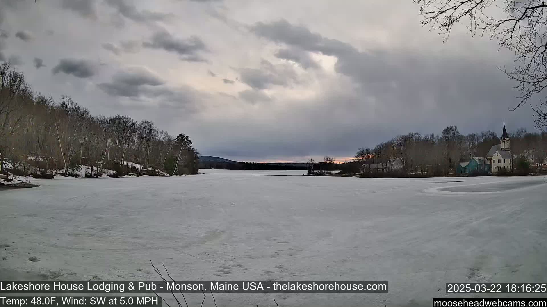 A frozen lake stretches out under a cloudy sky, with bare trees lining the shore and buildings visible in the distance.