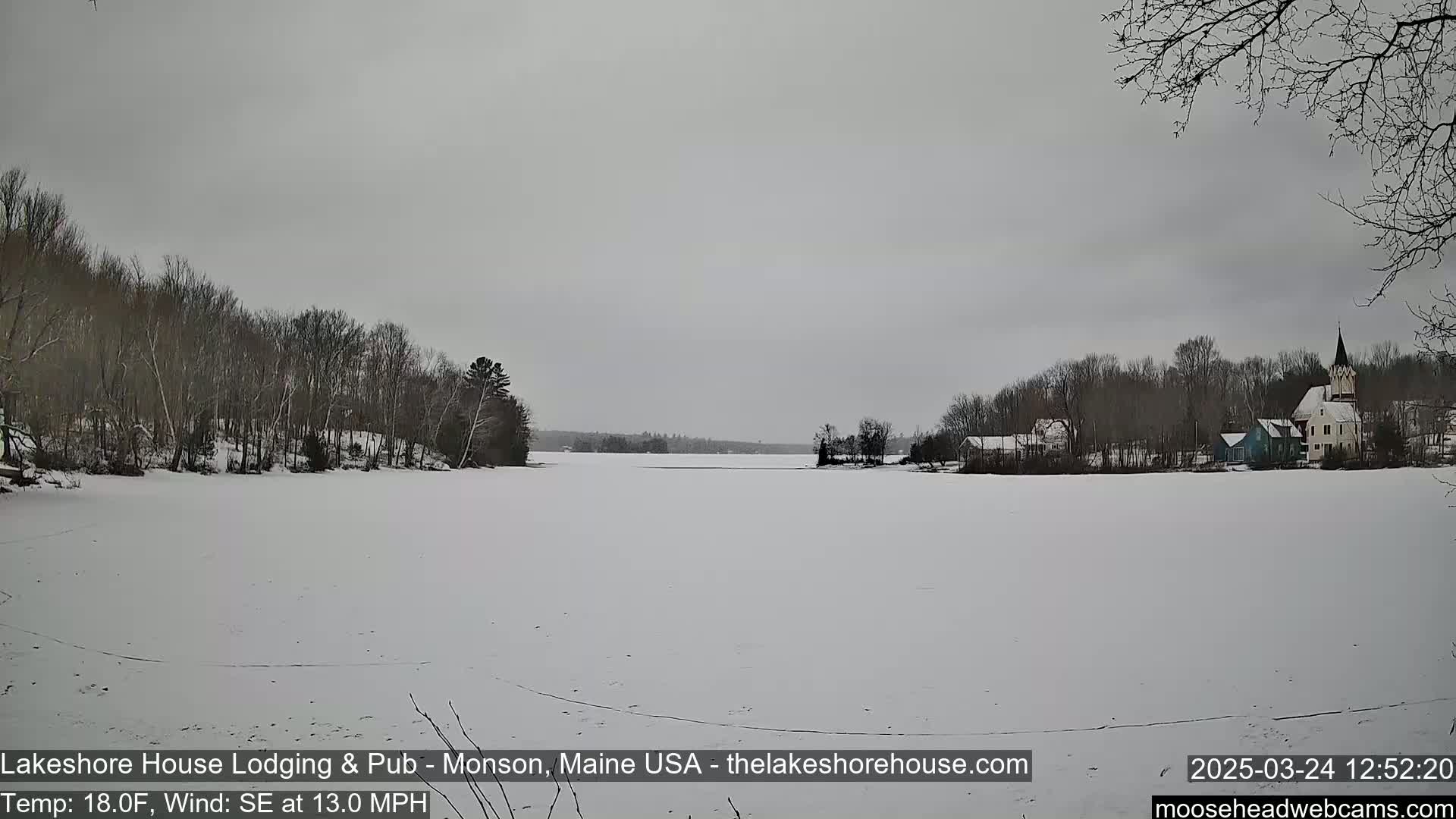 A frozen lake, under an overcast sky, is surrounded by snow-covered trees and a small village with a steeple.