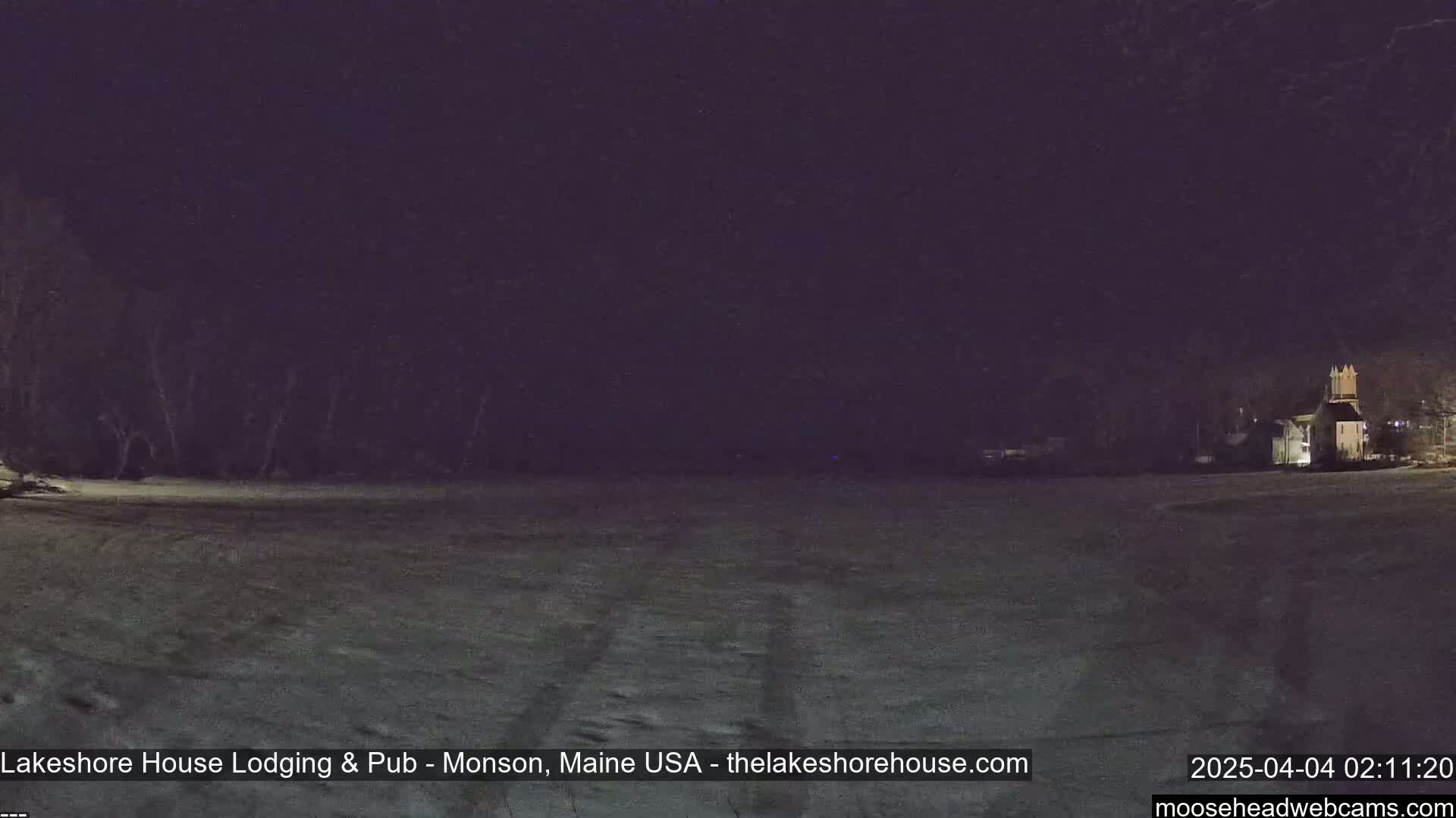 A snow-covered field at night, with dark trees in the background and a building faintly visible in the distance under a dark sky.