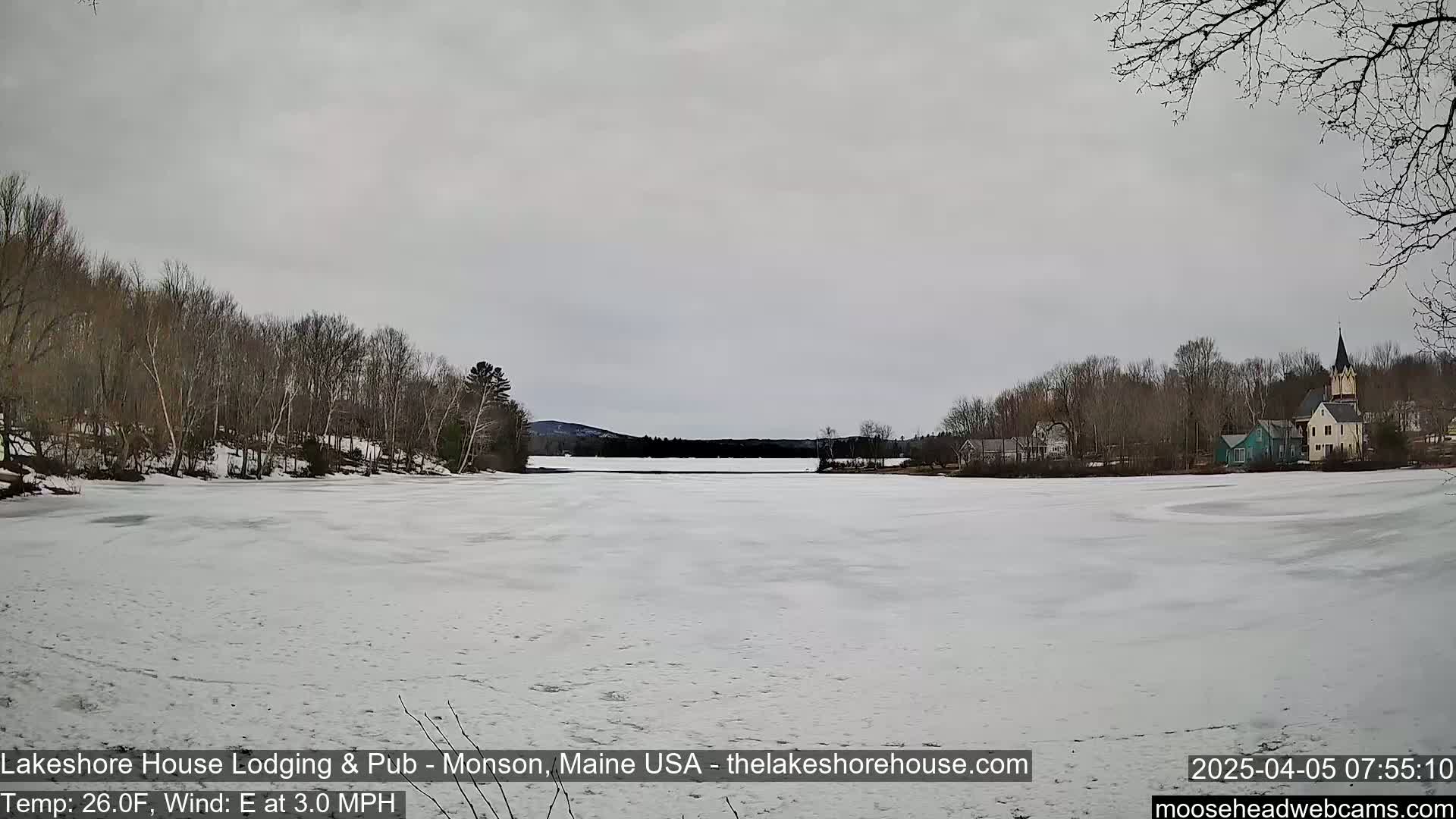 A frozen lake stretches out to a snow-covered shoreline with bare trees and buildings under a cloudy sky.