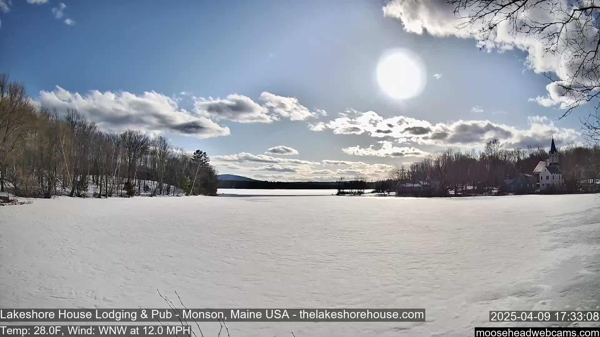 A sunny, but partly cloudy day with a 12 mph wind shows a snow-covered lake, trees, and buildings in the distance.