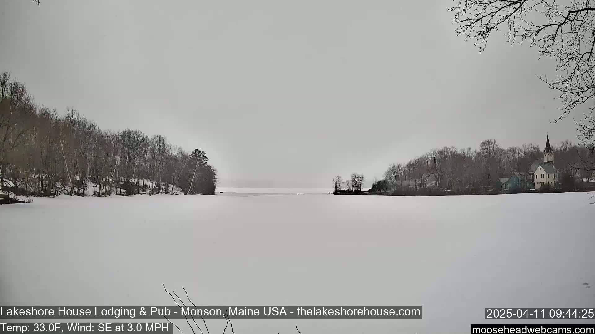 A snow-covered lake stretches to the horizon, flanked by bare winter trees and a small village featuring a church steeple under an overcast sky.