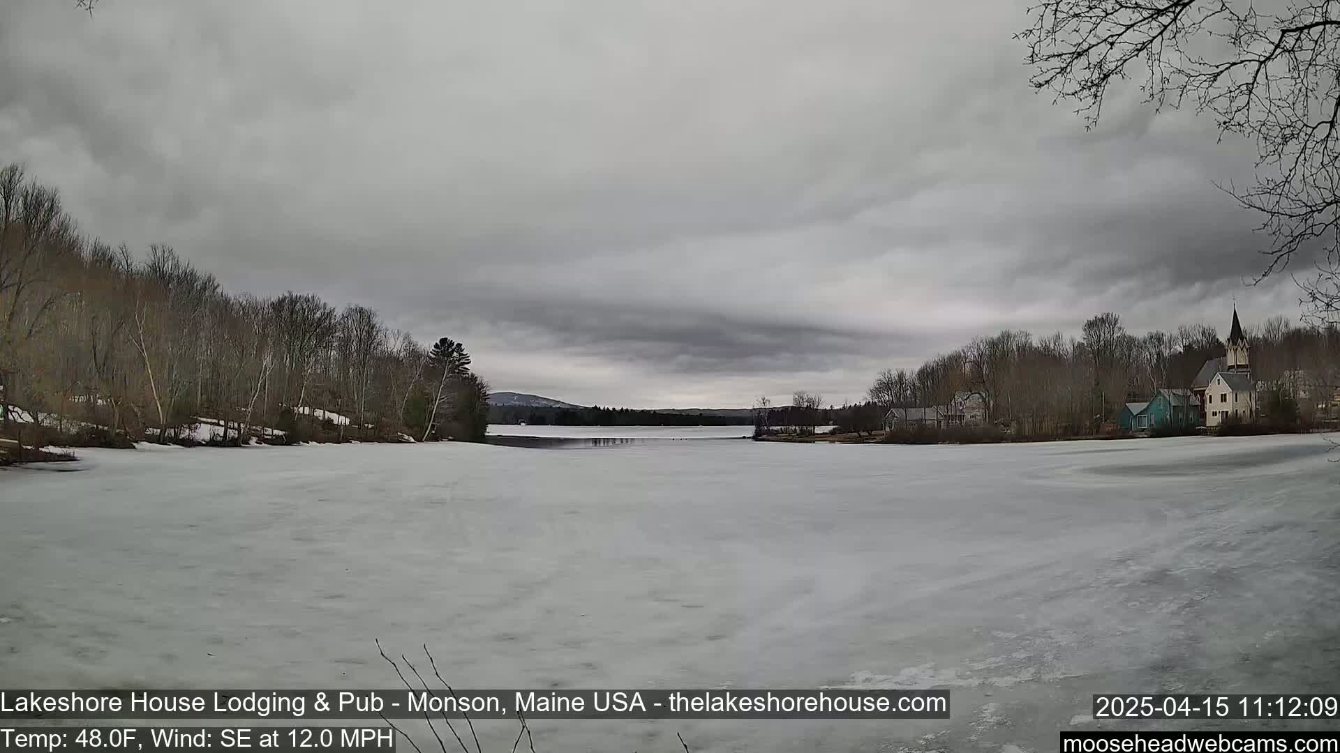A mostly frozen lake is seen under an overcast sky, with leafless trees lining the shores and buildings visible in the distance.