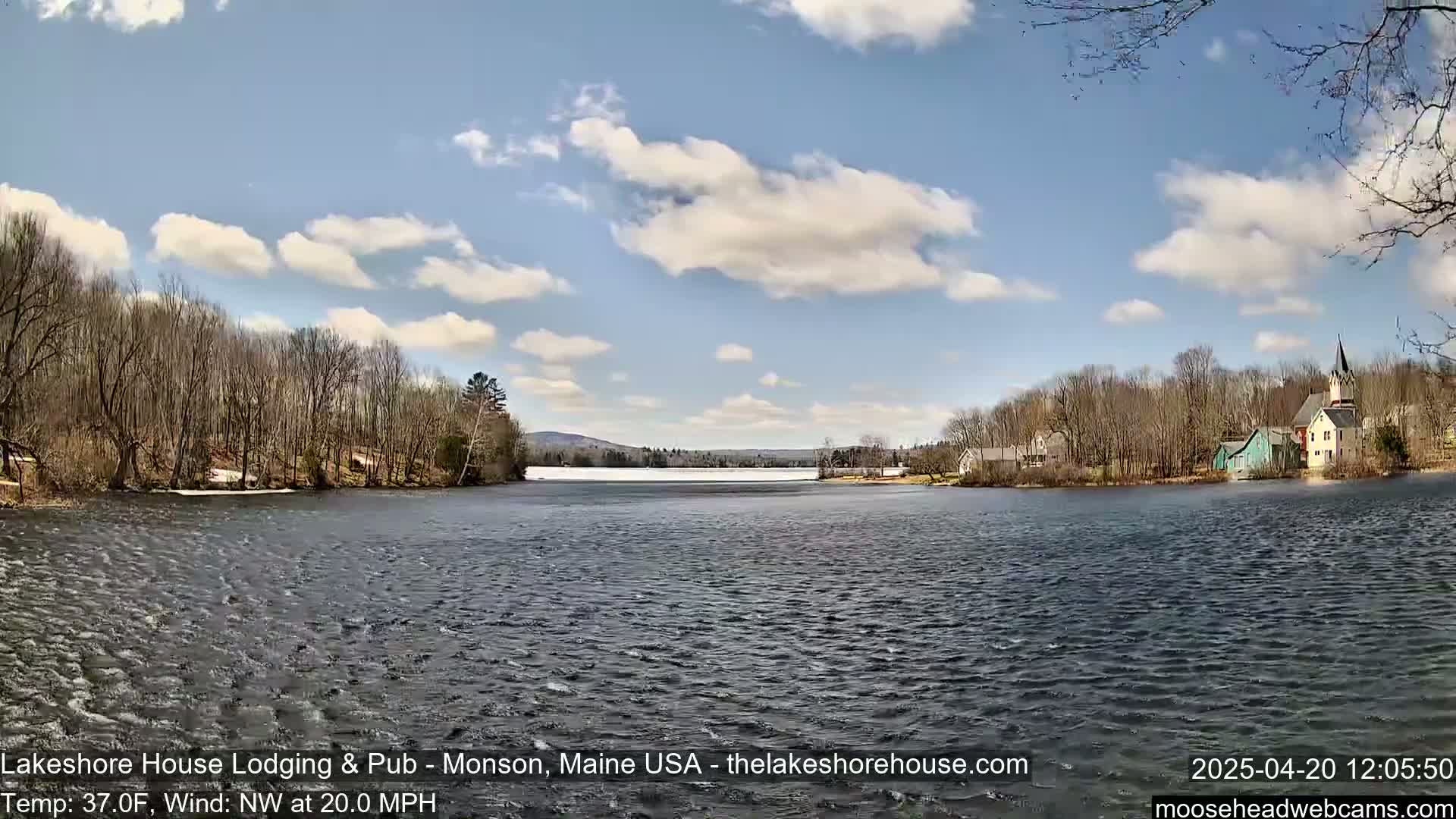 A mostly sunny day with a northwest wind at 20 mph shows a choppy lake, partially frozen, with bare trees lining the shore and houses and a church visible in the distance.