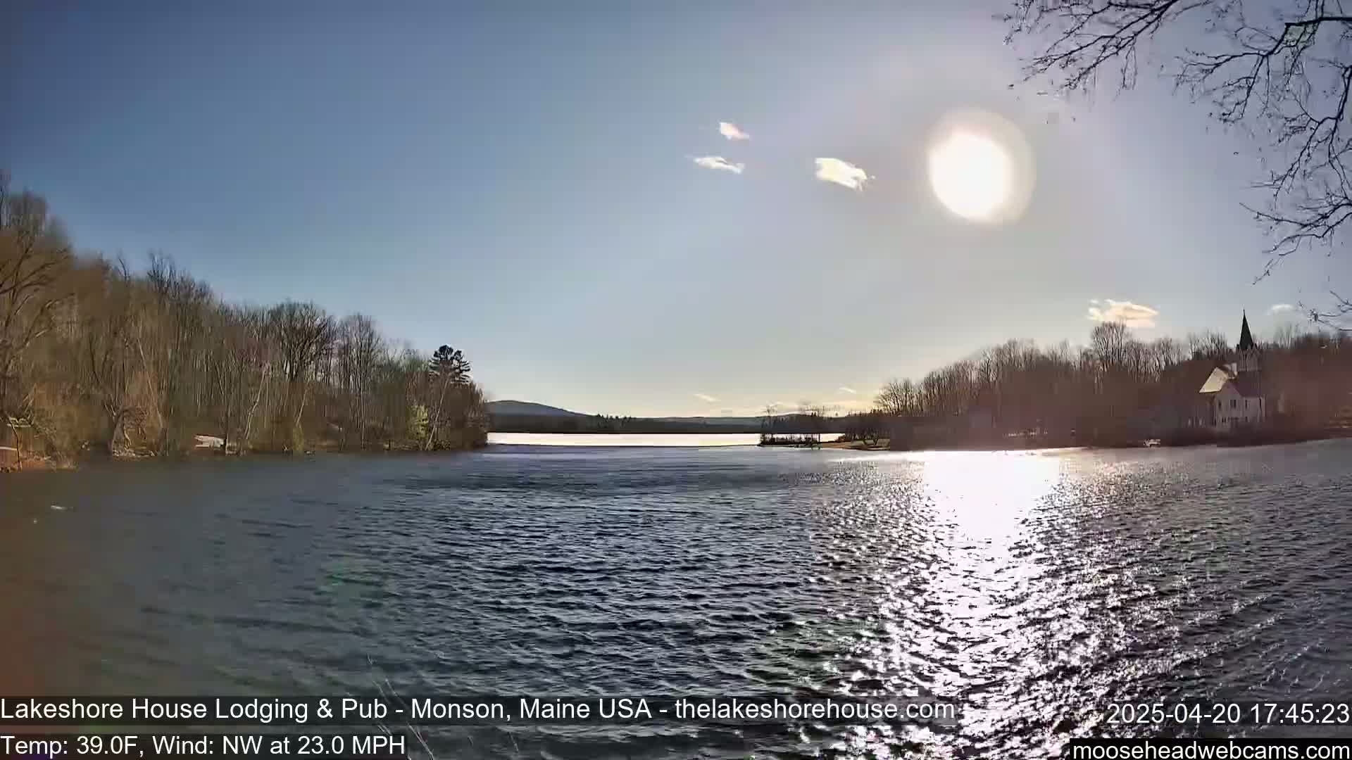 A mostly sunny day with a northwest wind shows a lake reflecting sunlight, surrounded by bare trees and a building on the far shore.