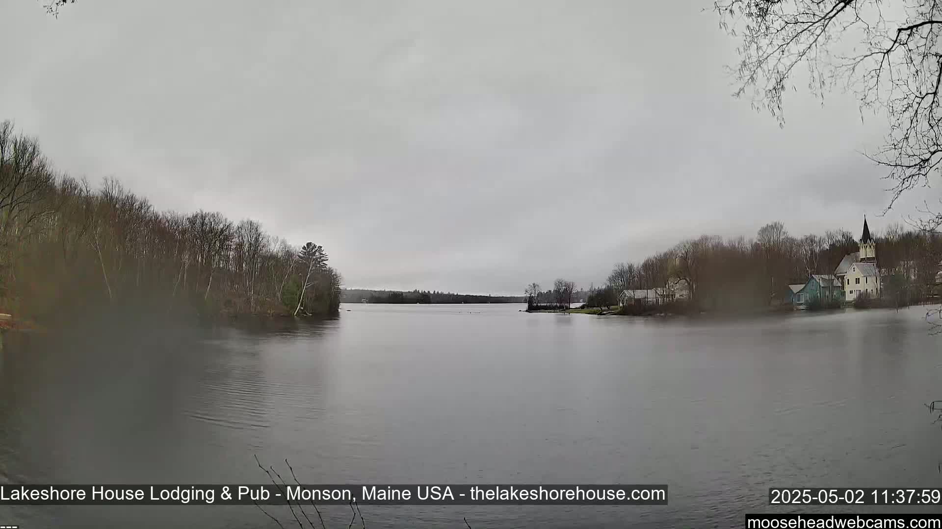 A calm lake is seen under an overcast sky, with bare trees lining the shoreline and a few buildings visible on the far side.