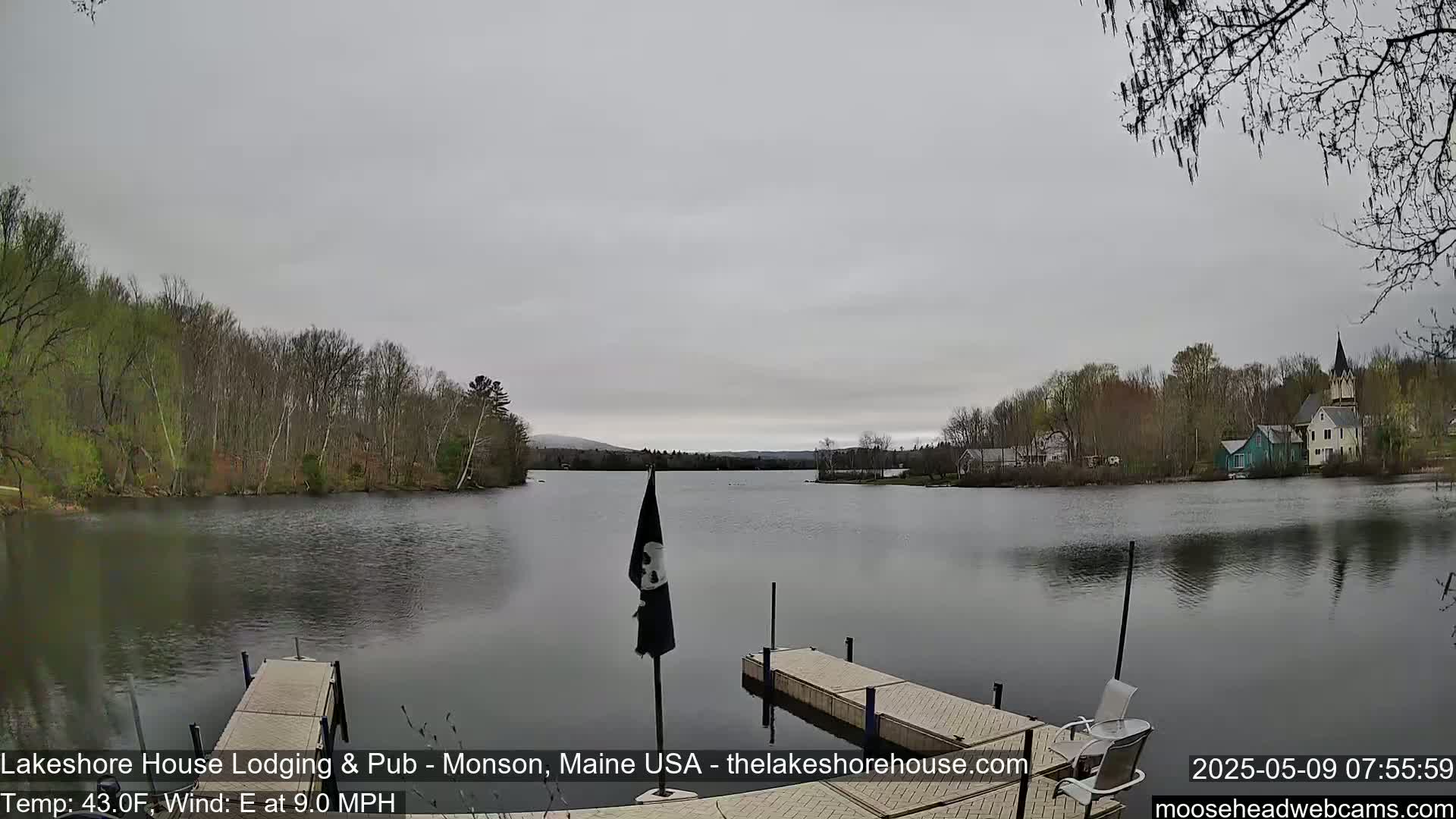 A calm lake is seen under an overcast sky, with trees lining the shore and a few buildings visible in the distance.